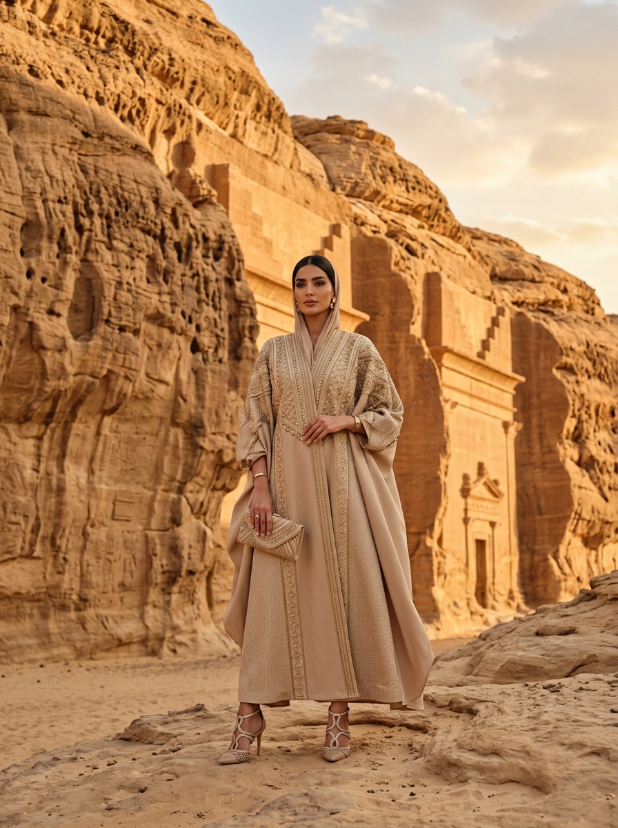 AI product photography scene — abaya beige embroidered alula desert tombs | rawbit
