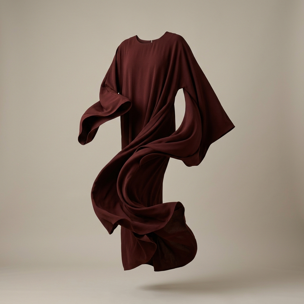 AI product photography scene — abaya burgundy floating neutral backdrop | rawbit