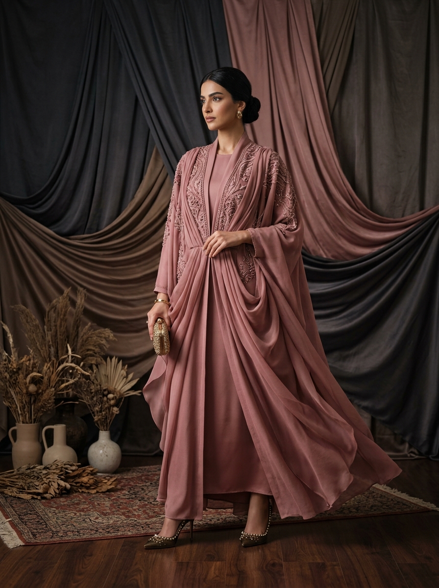 AI product photography scene — abaya dusty rose luxe curtain backdrop | rawbit