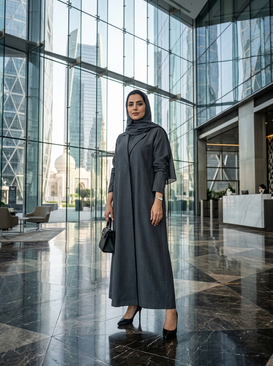 AI product photography scene — abaya grey glass skyscraper lobby | rawbit