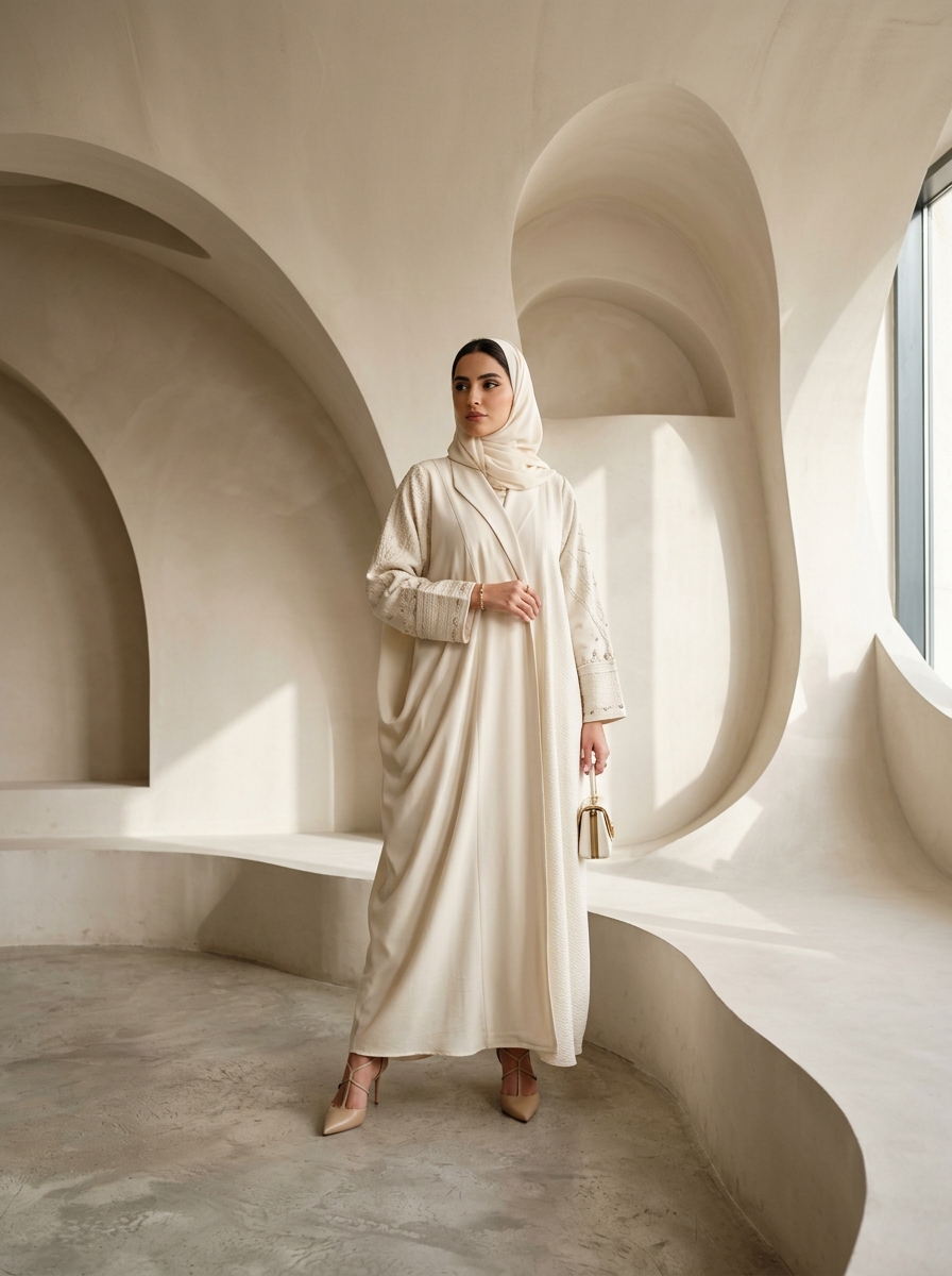 AI product photography scene — abaya ivory curved minimalist interior | rawbit