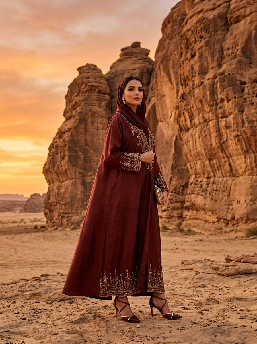 AI product photography scene — abaya maroon embroidered desert canyon sunset | rawbit