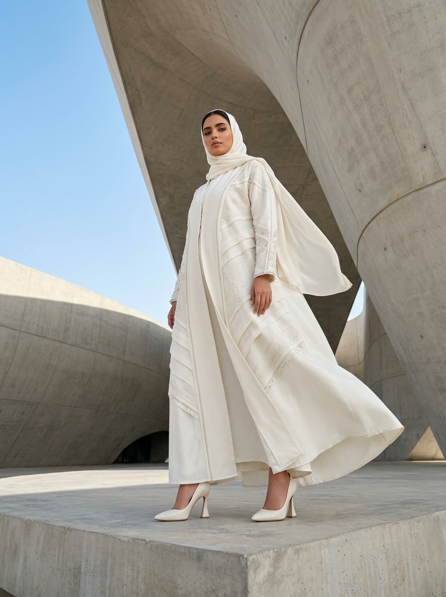 AI product photography scene — abaya white sculptural concrete architecture | rawbit