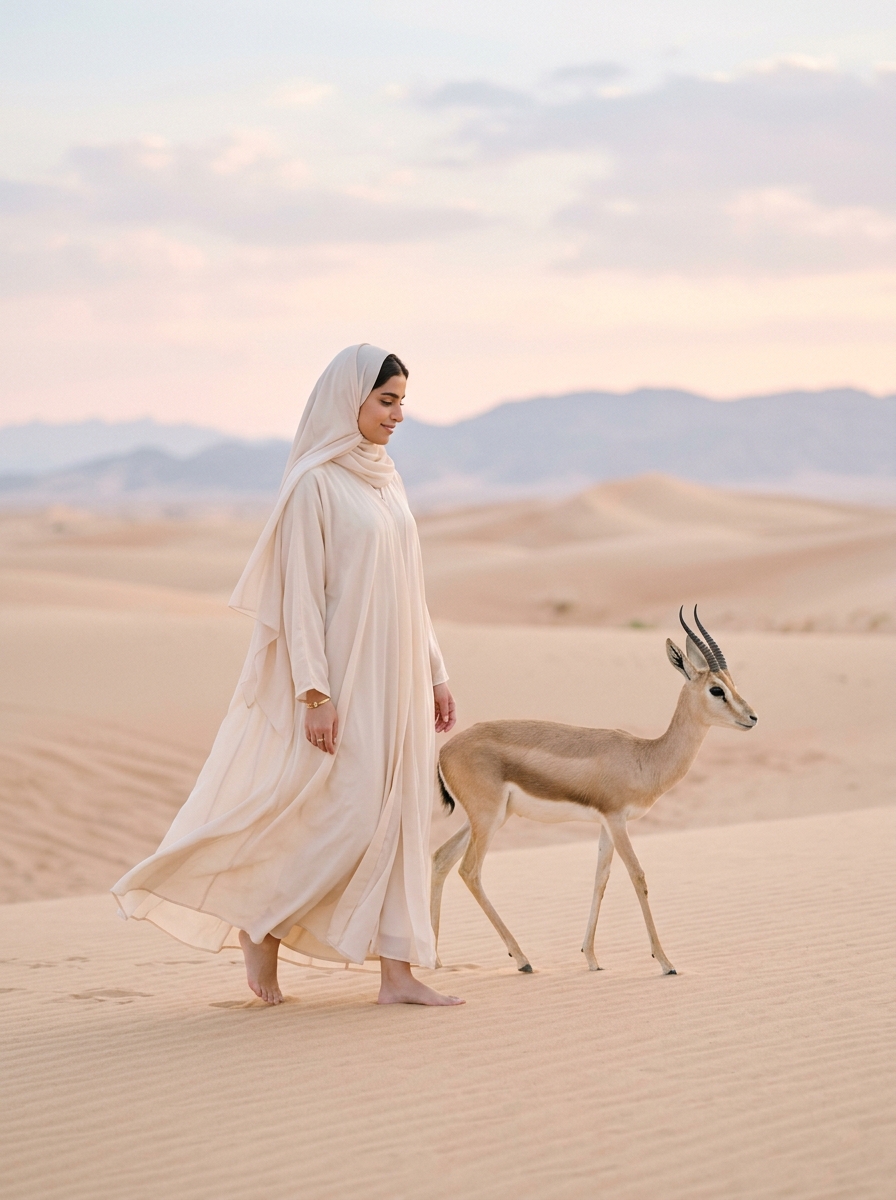 AI product photography scene — abaya woman walking gazelle dunes dusk | rawbit