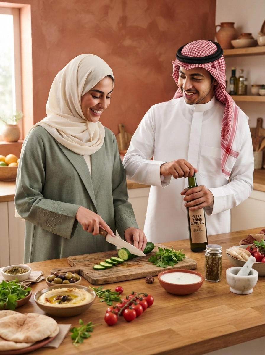 AI product photography scene — arab couple preparing mezze kitchen | rawbit
