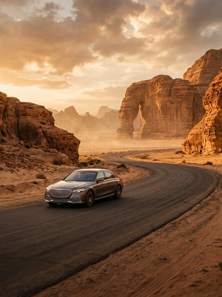 AI product photography scene — car sedan desert road | rawbit