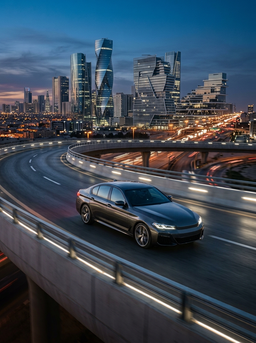 AI product photography scene — car sedan riyadh highway | rawbit