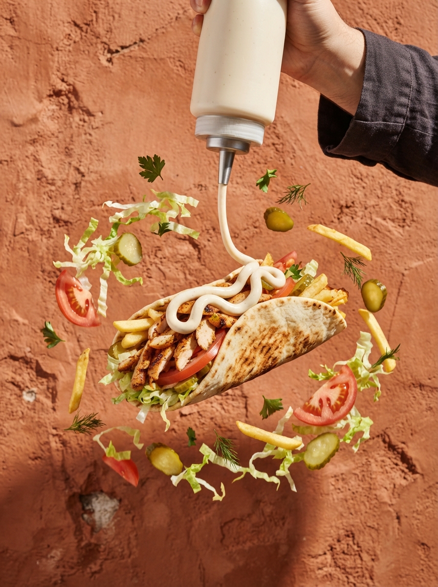 AI product photography scene — food chicken shawarma wrap flying toppings | rawbit