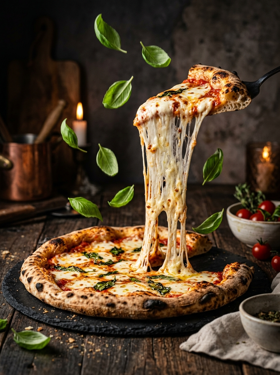 AI product photography scene — food pizza cheese pull | rawbit