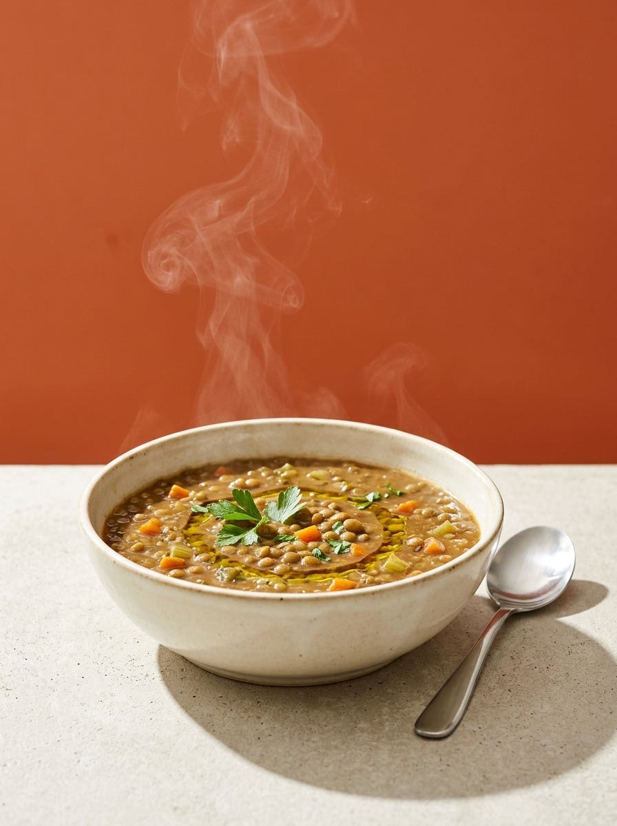 AI product photography scene — food steaming lentil soup terracotta | rawbit