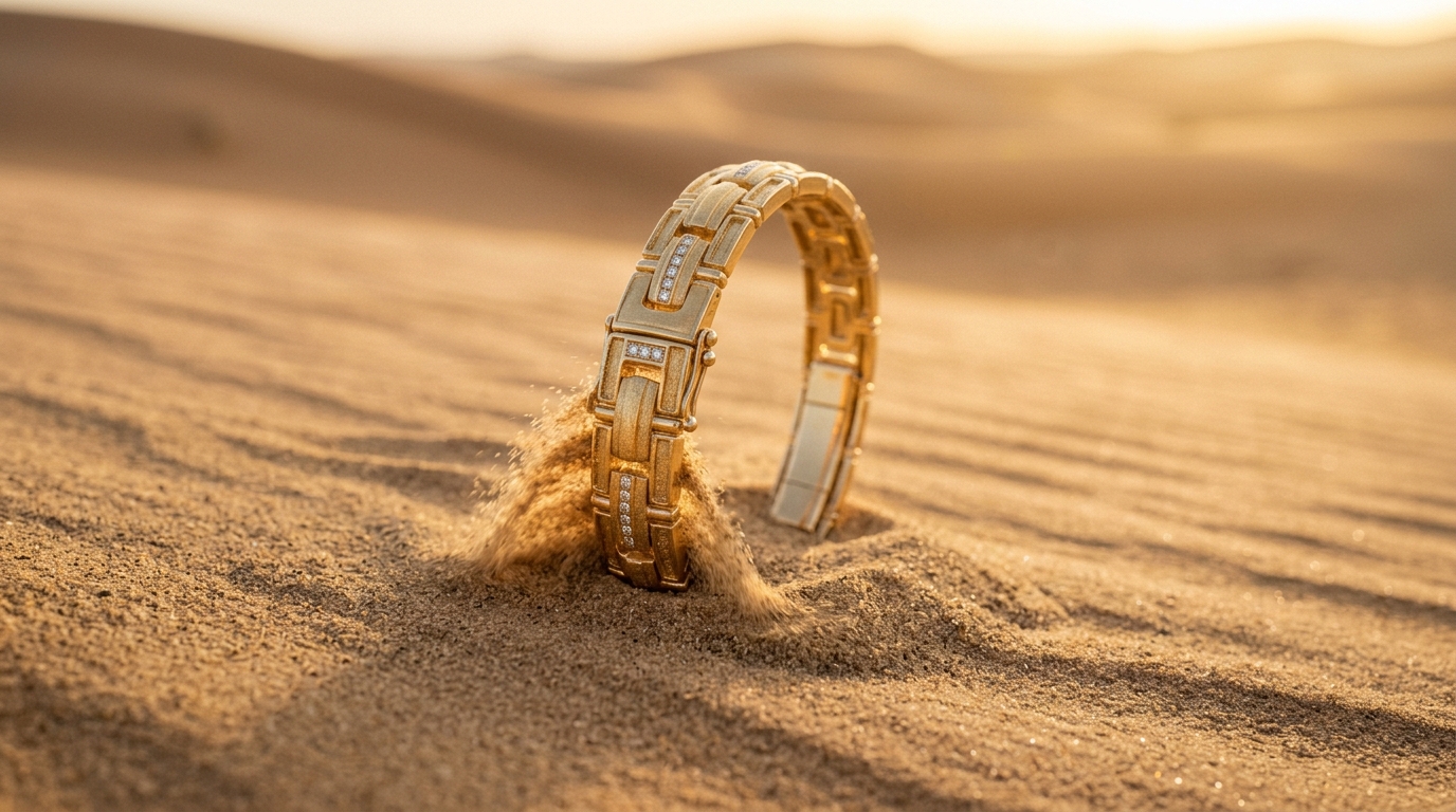 AI product photography scene — jewelry gold bracelet sand | rawbit