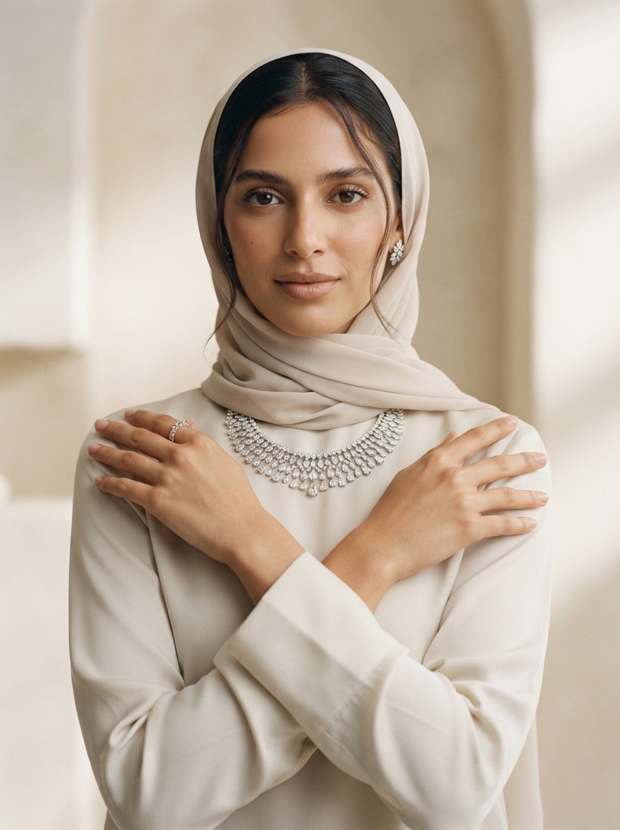 AI product photography scene — jewelry hijab diamond necklace | rawbit