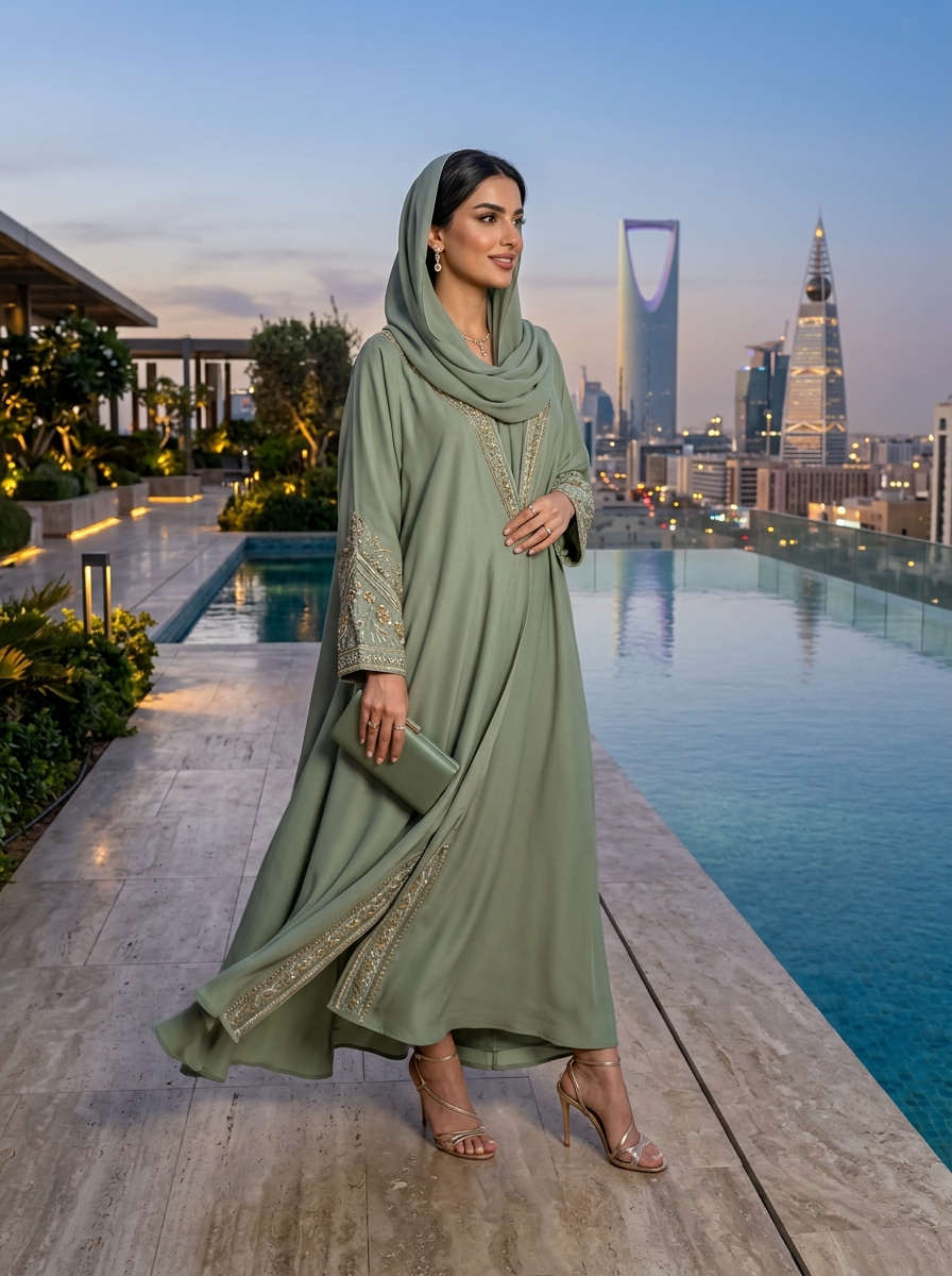 AI product photography scene — lifestyle green abaya skyline | rawbit