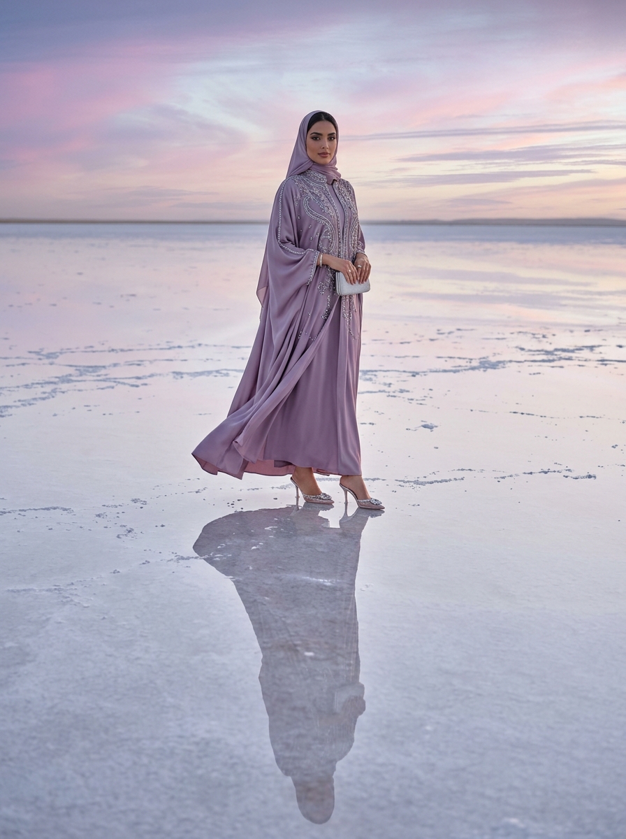 AI product photography scene — lifestyle mauve abaya saltflat | rawbit