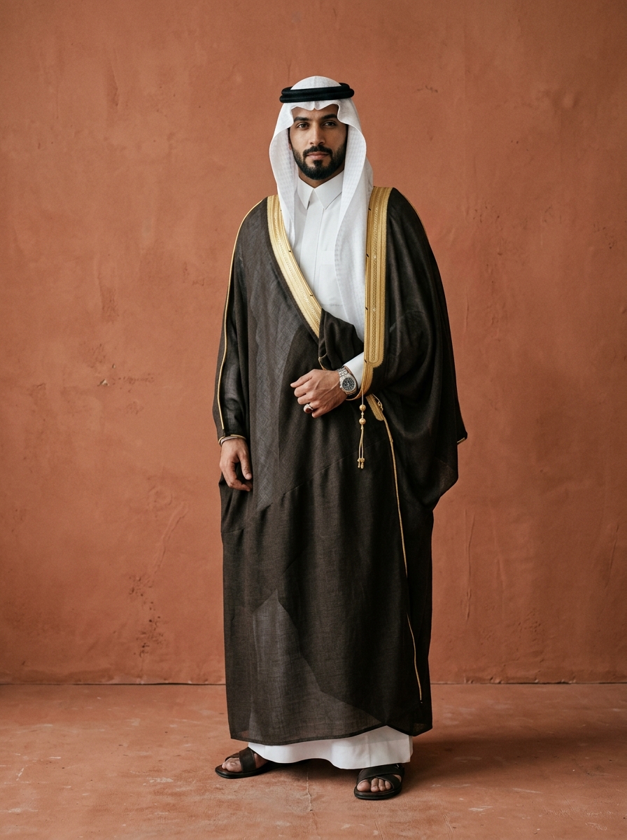 AI product photography scene — man gold trimmed bisht terracotta wall | rawbit