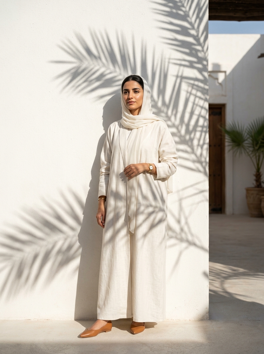 AI product photography scene — outfit white linen palm shadowed wall | rawbit