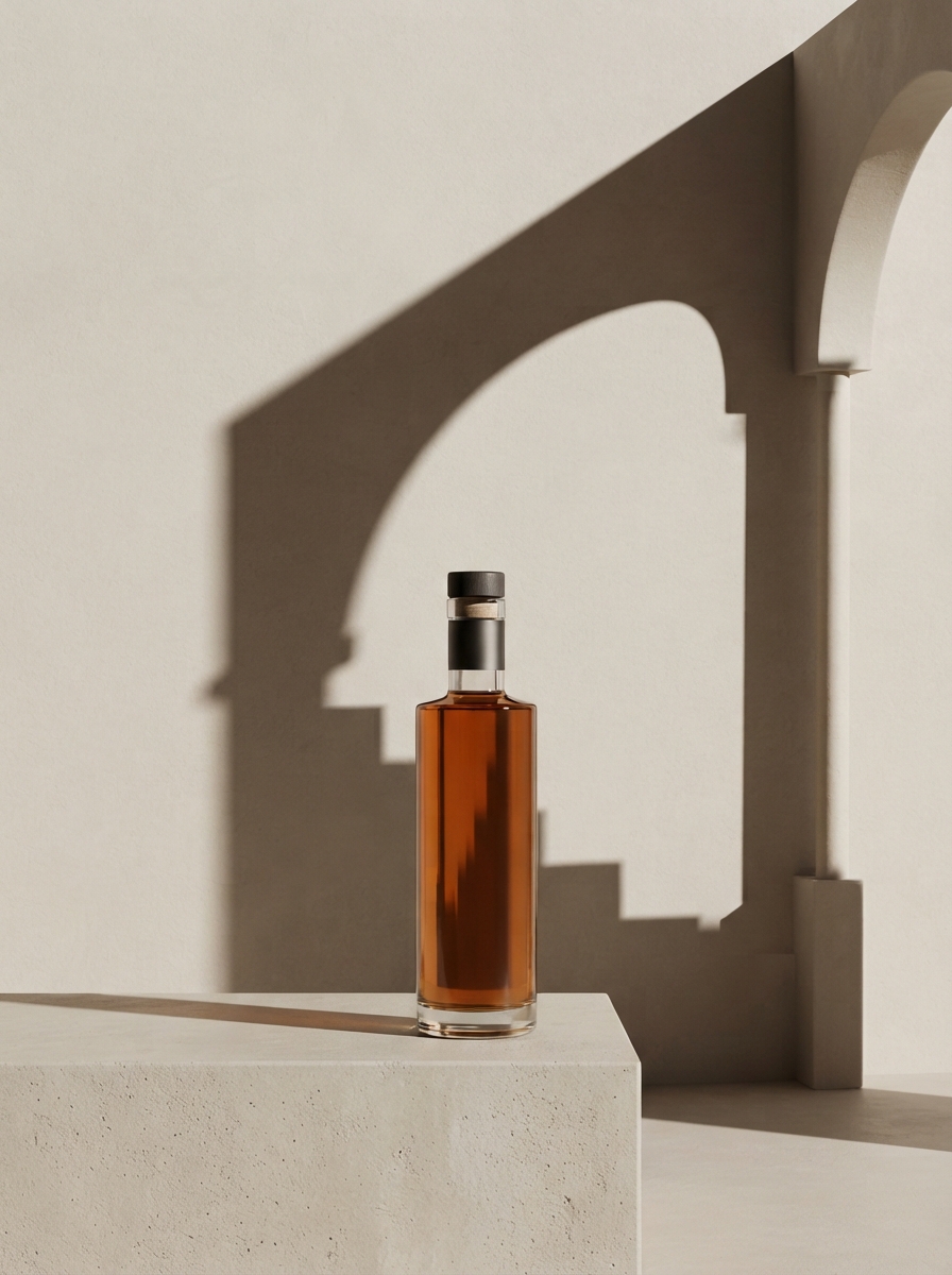 AI product photography scene — perfume amber bottle arched shadow play | rawbit