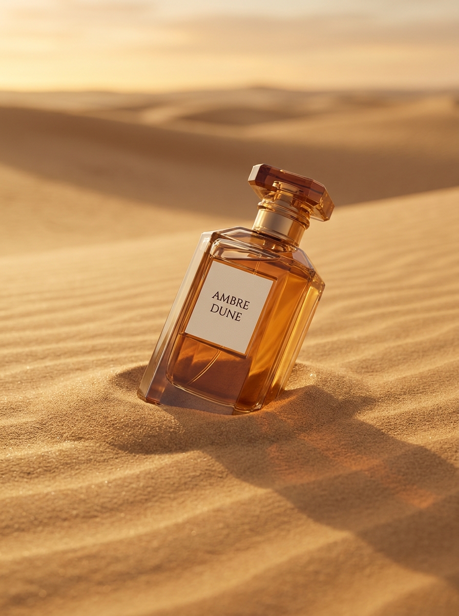 AI product photography scene — perfume ambre dune sunlit sand | rawbit