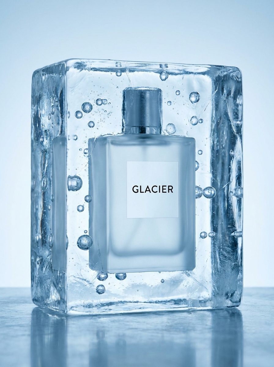 AI product photography scene — perfume glacier frozen ice block | rawbit
