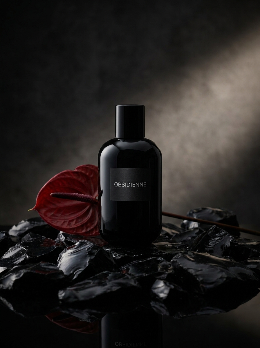 AI product photography scene — perfume obsidienne black obsidian red anthurium | rawbit