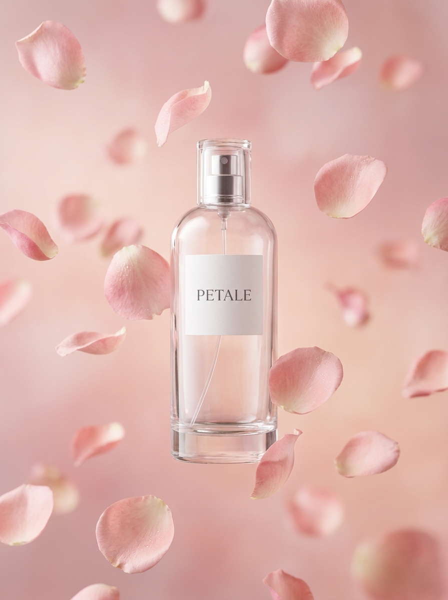 AI product photography scene — perfume petale falling rose petals | rawbit