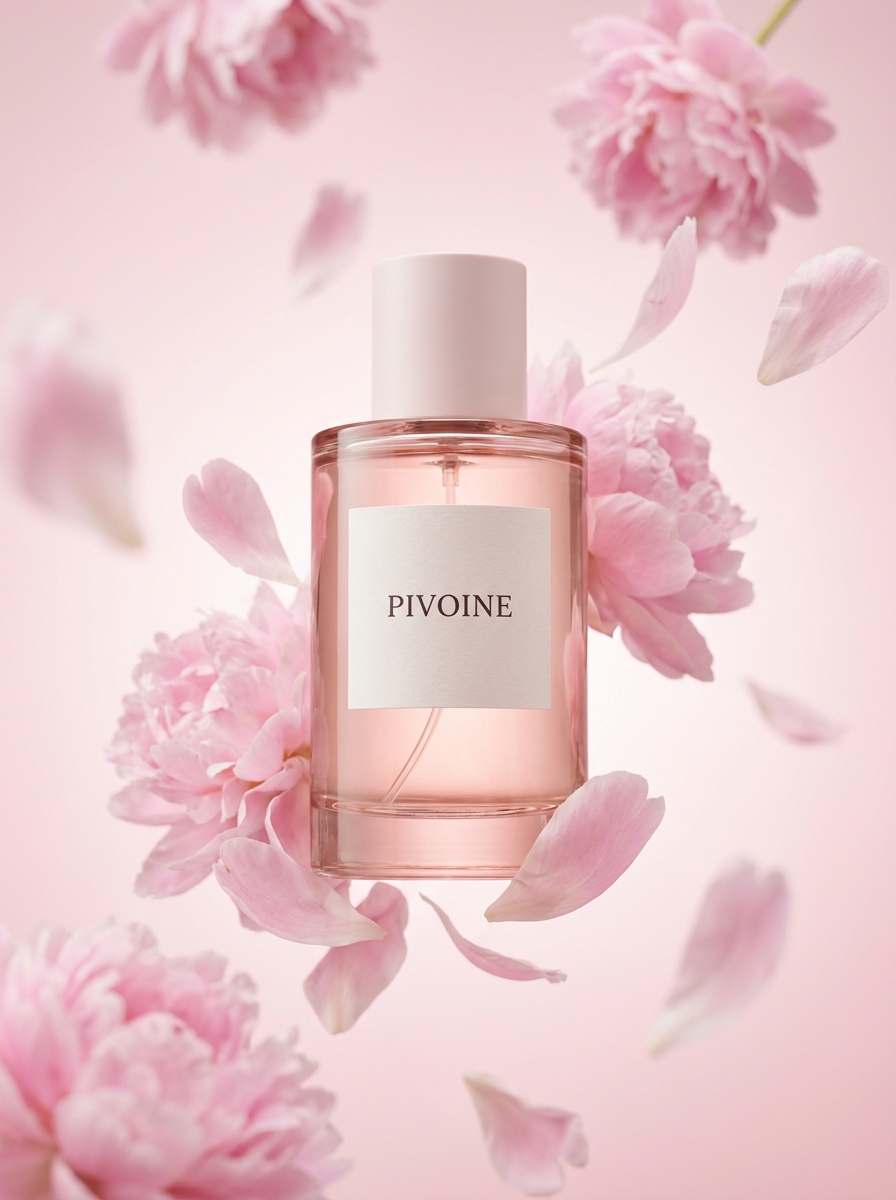 AI product photography scene — perfume pivoine pink peonies | rawbit