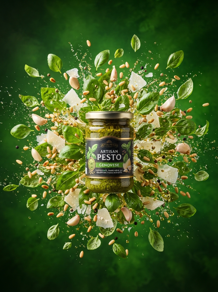 AI product photography scene — product artisan pesto jar basil burst | rawbit