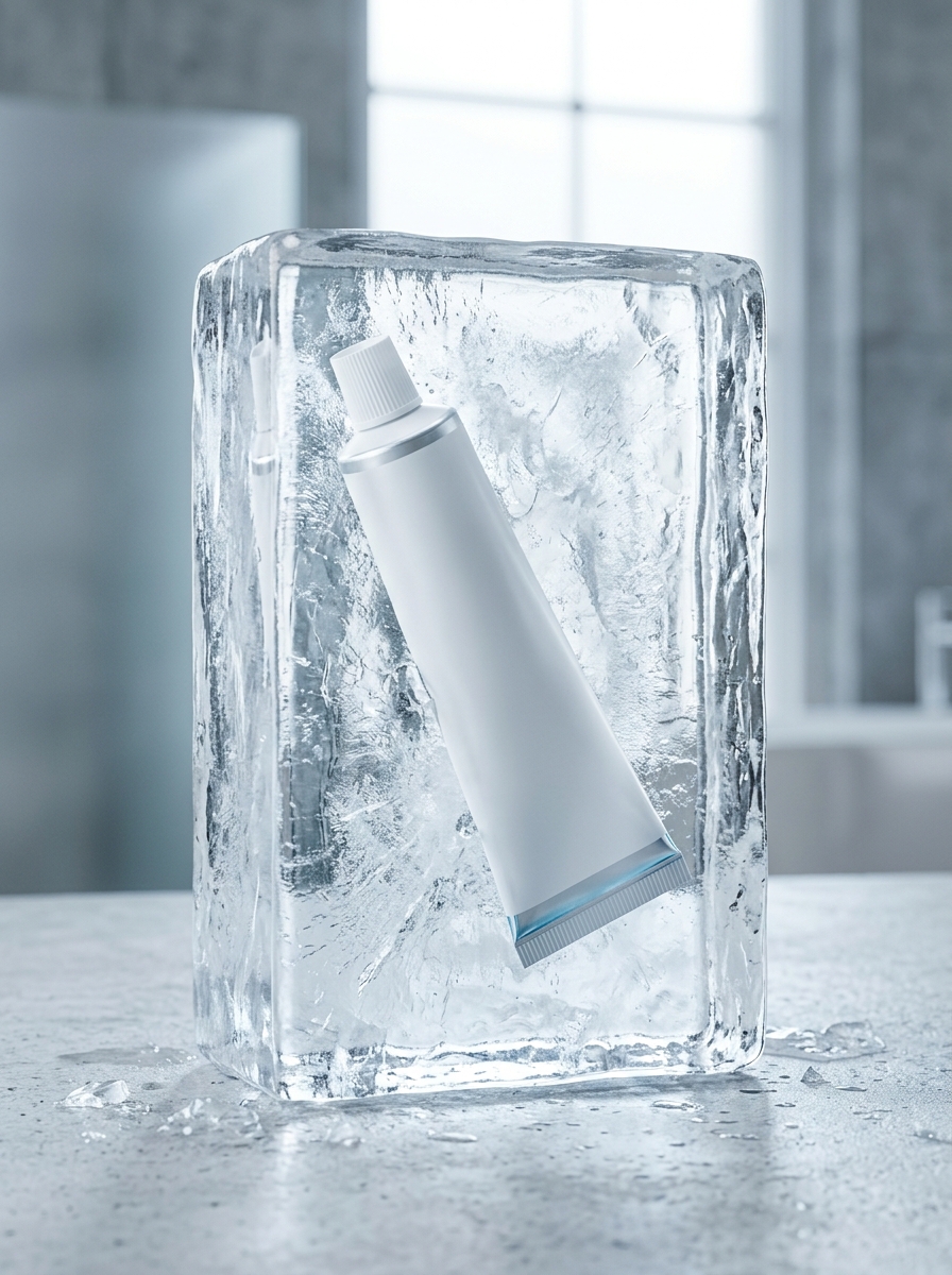 AI product photography scene — product white cosmetic tube frozen ice block | rawbit