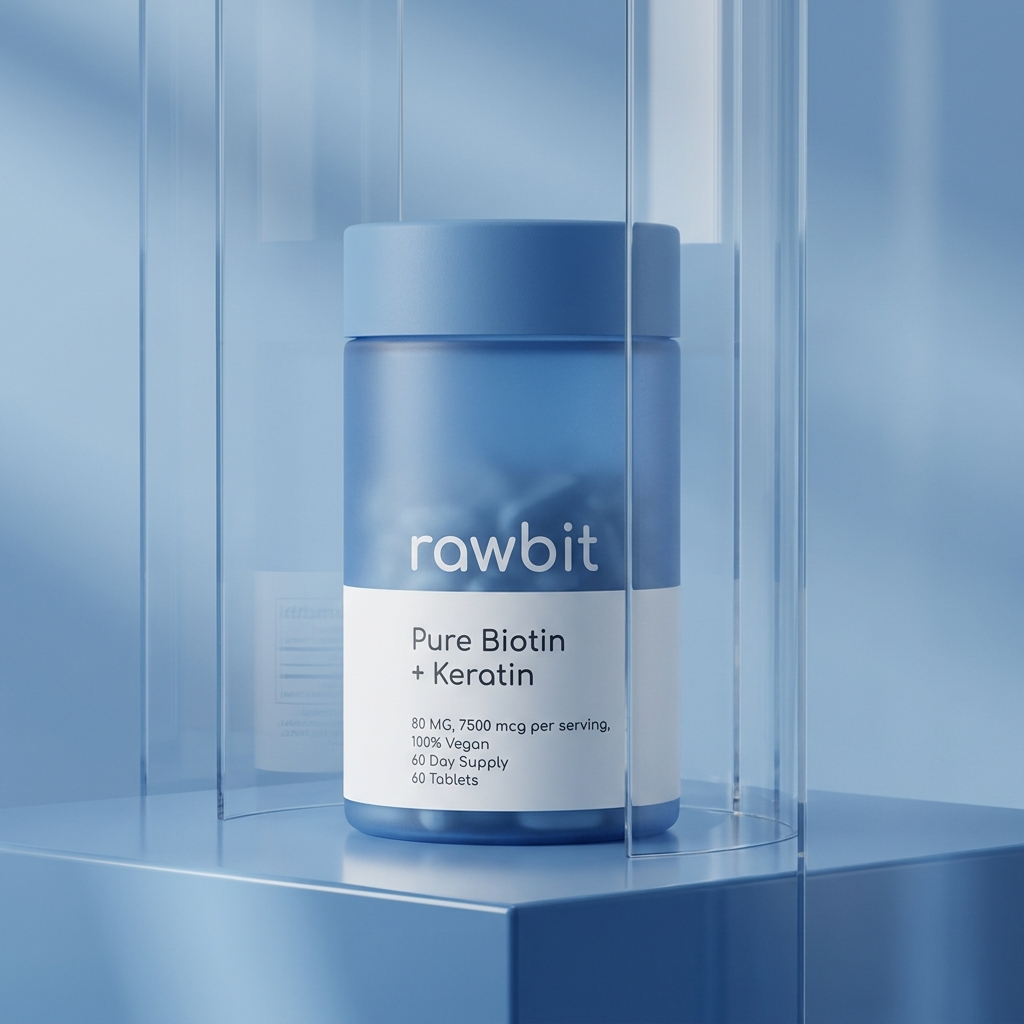 AI product photography scene — rawbit blue biotin supplement jar | rawbit