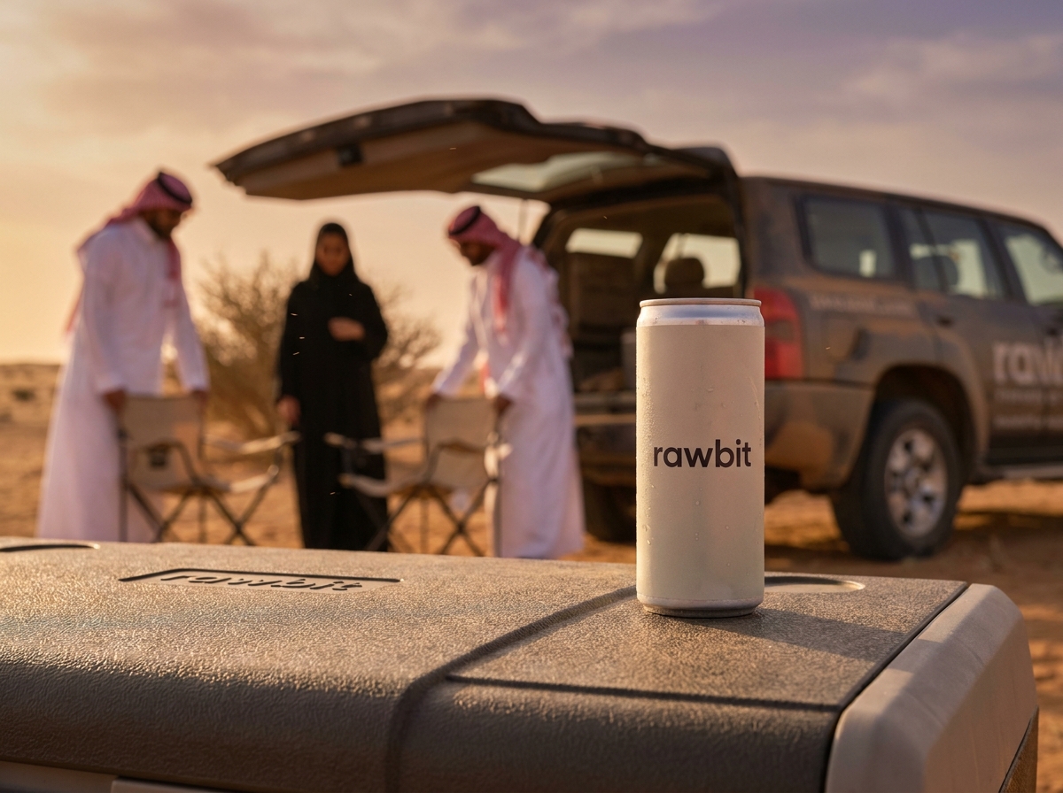 AI product photography scene — rawbit can cooler desert gathering | rawbit