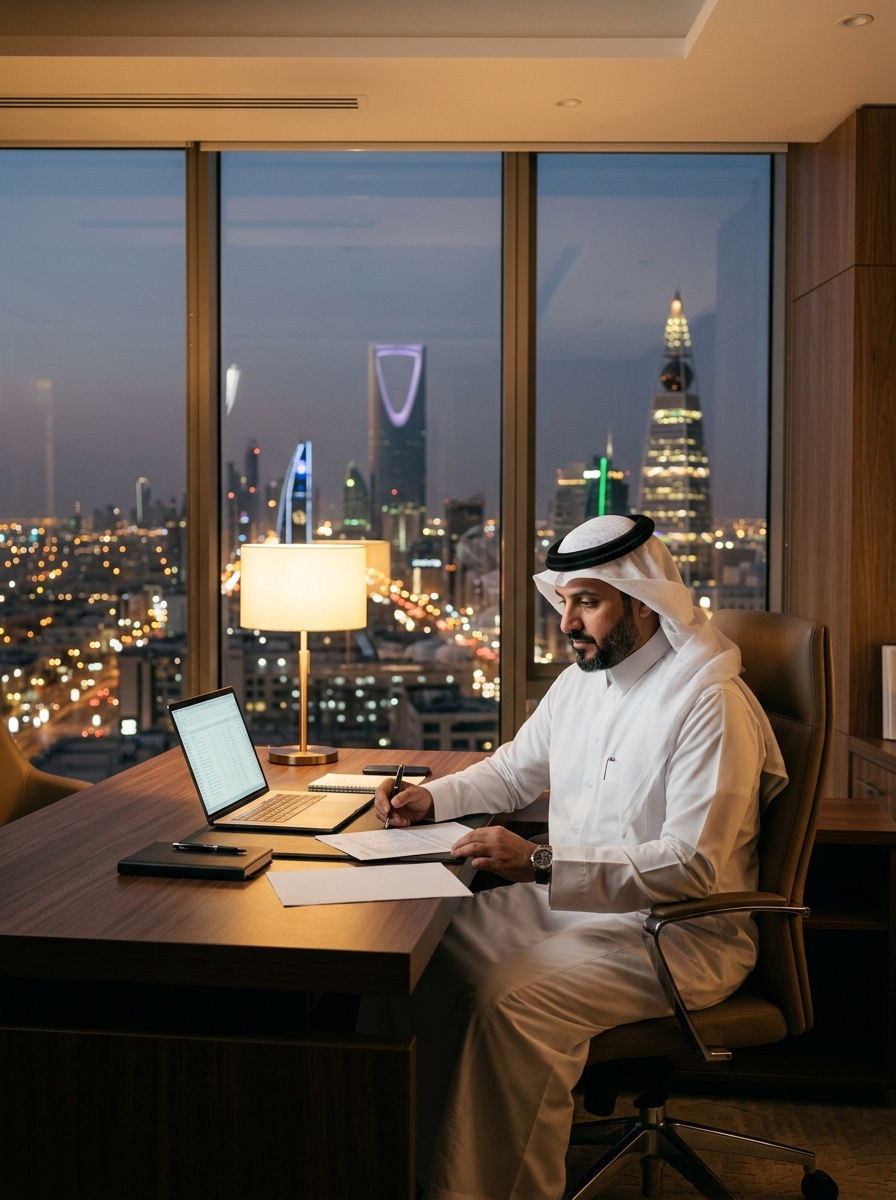 AI product photography scene — saudi businessman working late riyadh skyline | rawbit