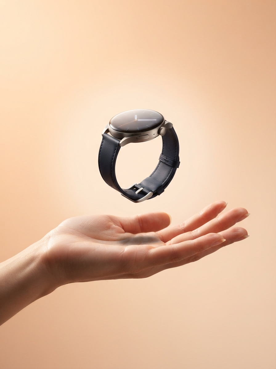 AI product photography scene — tech smartwatch palm | rawbit