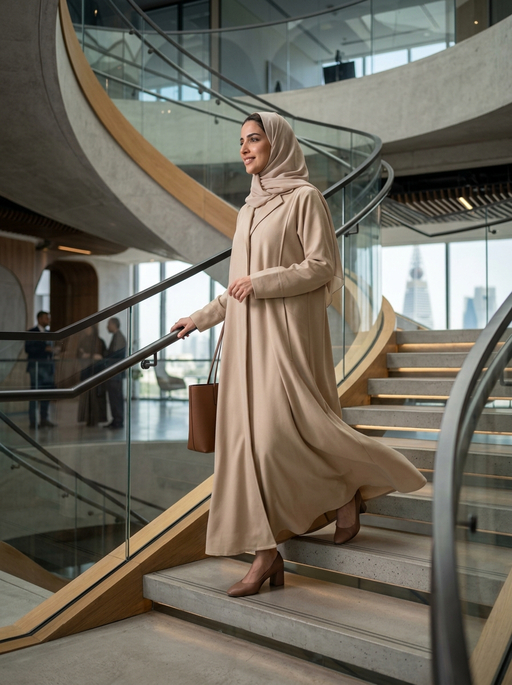 AI product photography scene — abaya beige curved staircase modern office | rawbit AI product photography scene — abaya beige curved staircase modern office | rawbit
