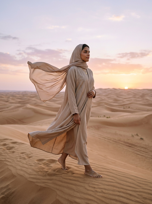 AI product photography scene — abaya beige desert dunes sunset | rawbit AI product photography scene — abaya beige desert dunes sunset | rawbit