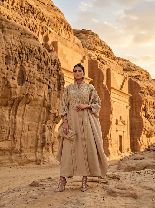 AI product photography scene — abaya beige embroidered alula desert tombs | rawbit AI product photography scene — abaya beige embroidered alula desert tombs | rawbit