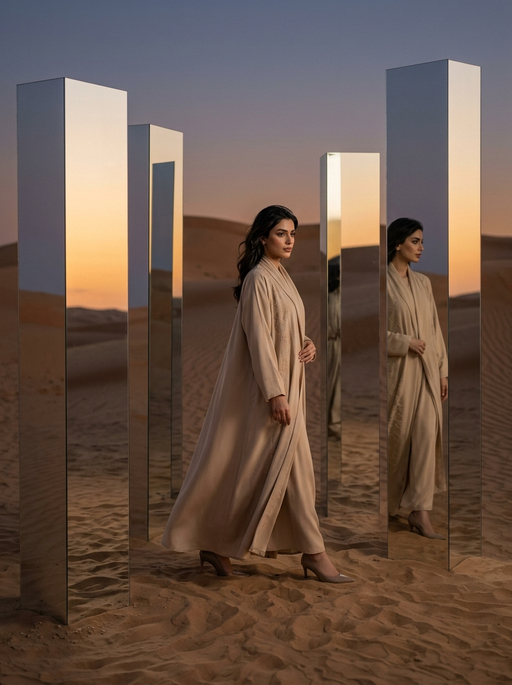 AI product photography scene — abaya beige mirrors dunes | rawbit AI product photography scene — abaya beige mirrors dunes | rawbit