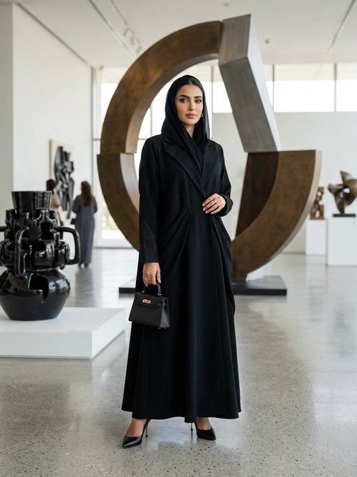AI product photography scene — abaya black modern art gallery | rawbit AI product photography scene — abaya black modern art gallery | rawbit