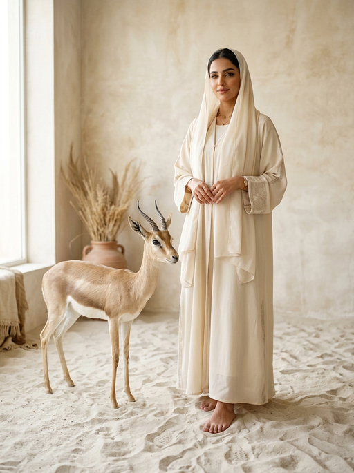 AI product photography scene — abaya cream gazelle sandy studio | rawbit AI product photography scene — abaya cream gazelle sandy studio | rawbit