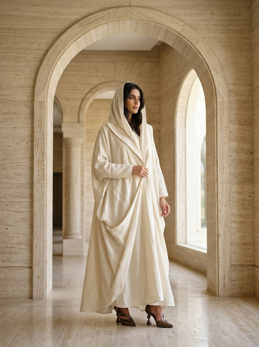 AI product photography scene — abaya cream hooded travertine arches | rawbit AI product photography scene — abaya cream hooded travertine arches | rawbit