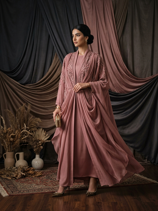 AI product photography scene — abaya dusty rose luxe curtain backdrop | rawbit AI product photography scene — abaya dusty rose luxe curtain backdrop | rawbit