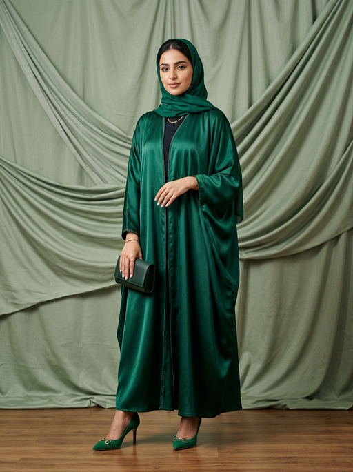 AI product photography scene — abaya emerald satin green draped fabric | rawbit AI product photography scene — abaya emerald satin green draped fabric | rawbit