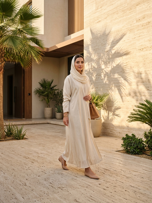 AI product photography scene — abaya ivory sunlit courtyard palms | rawbit AI product photography scene — abaya ivory sunlit courtyard palms | rawbit