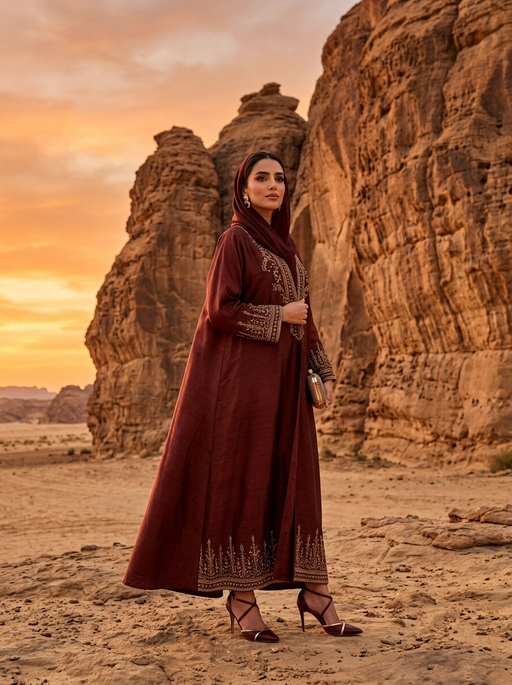 AI product photography scene — abaya maroon embroidered desert canyon sunset | rawbit AI product photography scene — abaya maroon embroidered desert canyon sunset | rawbit