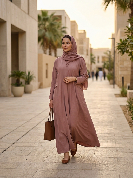 AI product photography scene — abaya mauve sunlit stone street | rawbit AI product photography scene — abaya mauve sunlit stone street | rawbit