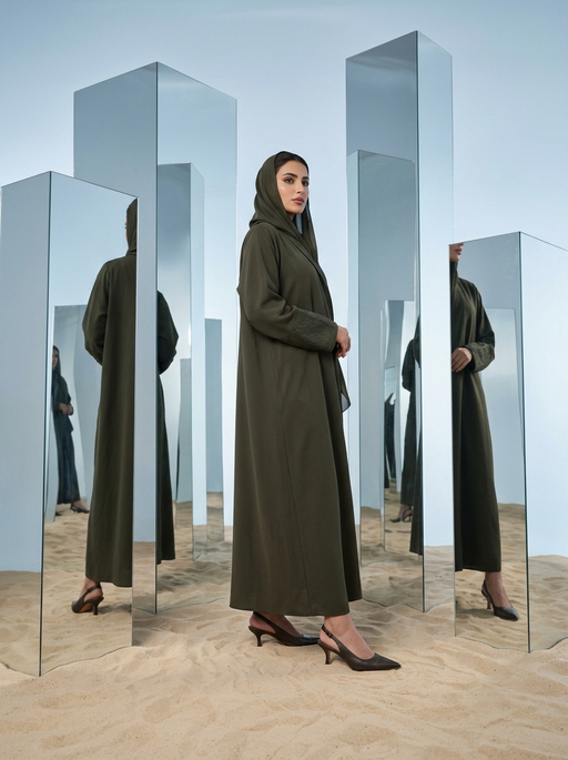 AI product photography scene — abaya olive hooded mirrors sand | rawbit AI product photography scene — abaya olive hooded mirrors sand | rawbit