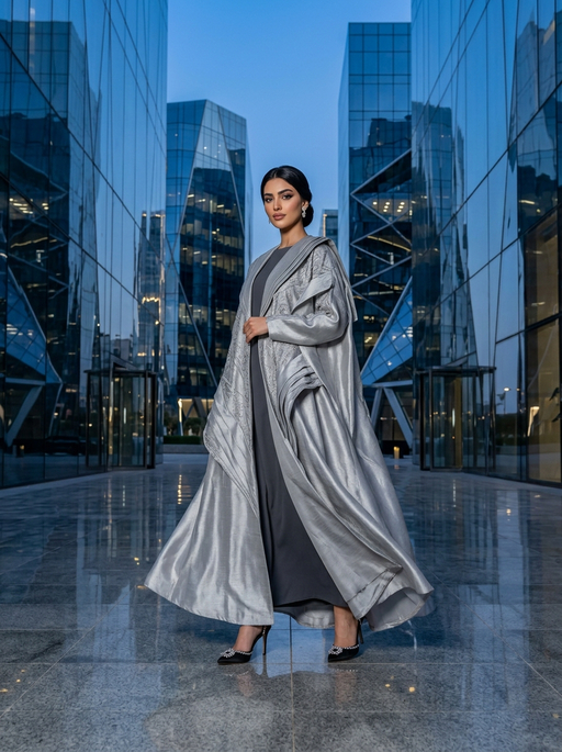 AI product photography scene — abaya silver glass towers | rawbit AI product photography scene — abaya silver glass towers | rawbit