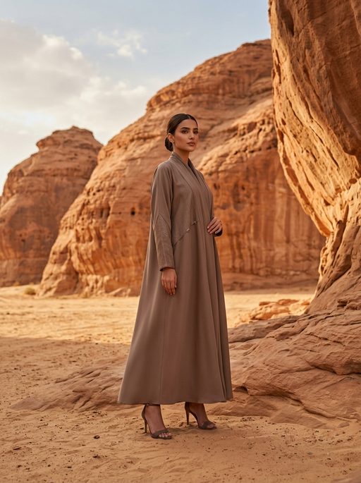 AI product photography scene — abaya taupe red sandstone rocks | rawbit AI product photography scene — abaya taupe red sandstone rocks | rawbit