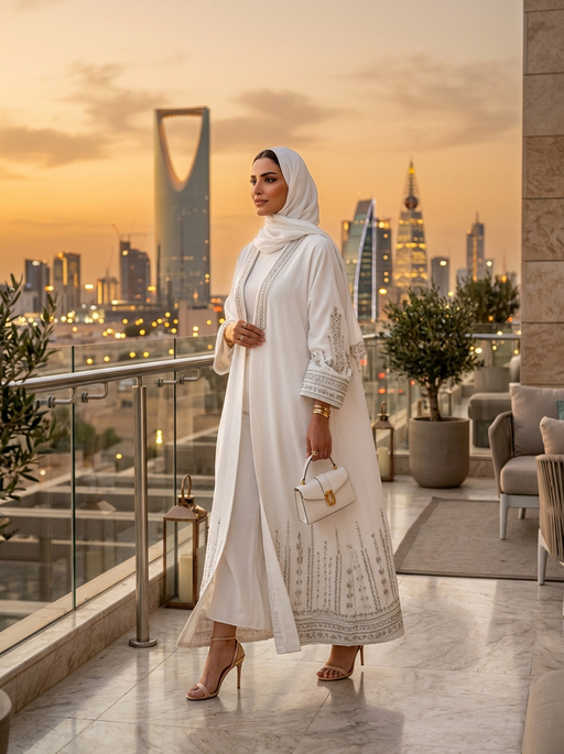 AI product photography scene — abaya white embellished riyadh skyline sunset | rawbit AI product photography scene — abaya white embellished riyadh skyline sunset | rawbit