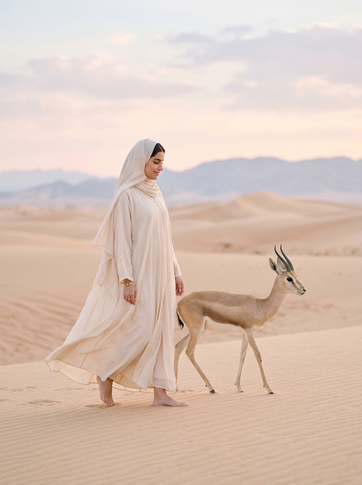 AI product photography scene — abaya woman walking gazelle dunes dusk | rawbit AI product photography scene — abaya woman walking gazelle dunes dusk | rawbit