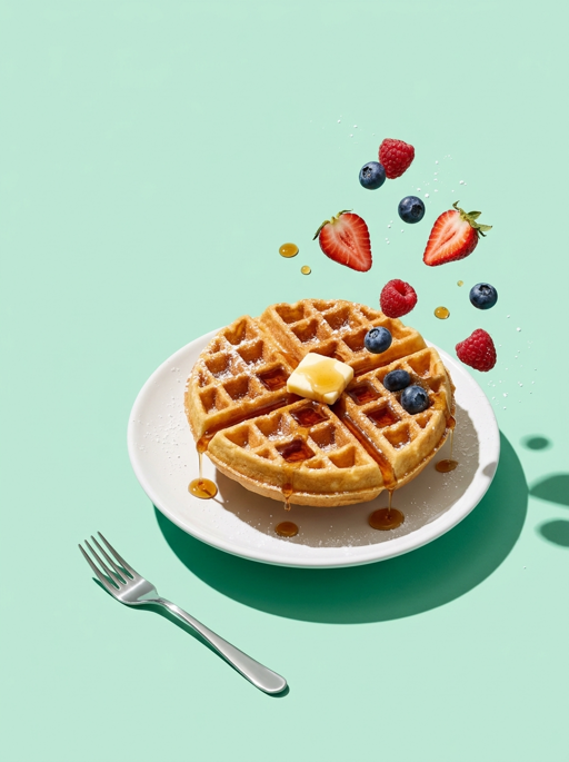 AI product photography scene — food belgian waffle falling berries | rawbit AI product photography scene — food belgian waffle falling berries | rawbit